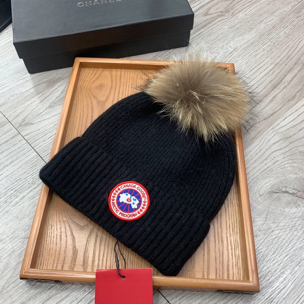 Canada Goose Black Knit Hat with Fur Pom - Picture 2 of 4